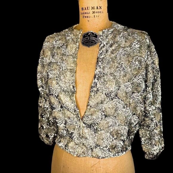 I.Magnin 1960’s Silver Sequin silk and cashmere Cardigan Jacket size 2 - Picture 1 of 16
